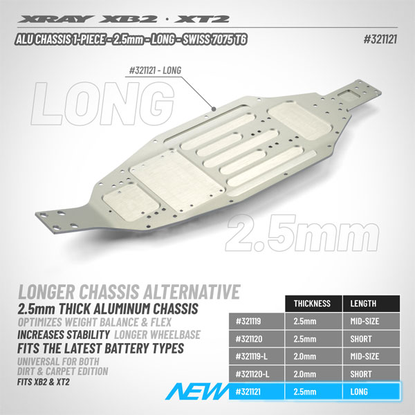 SMI XRAY News Langes 1-teiliges Alu-Chassis XB2 / XT2